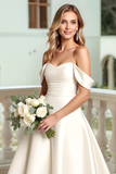 Satin A Line White Off the Shoulder Wedding Dress with Bow