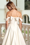 Satin A Line White Off the Shoulder Wedding Dress with Bow