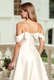 Satin A Line White Off the Shoulder Wedding Dress with Bow