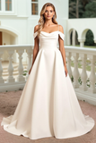White Cold Shoudler A Line Satin Wedding Dress