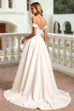 White Cold Shoudler A Line Satin Wedding Dress