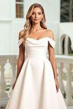 White Cold Shoudler A Line Satin Wedding Dress