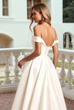 White Cold Shoudler A Line Satin Wedding Dress