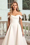 White Cold Shoudler A Line Satin Wedding Dress