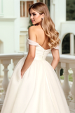 White Off The Shoulder Tulle A Line Wedding Dress