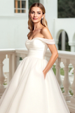 White Off The Shoulder Tulle A Line Wedding Dress