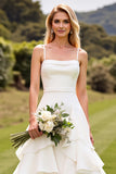 Ivory Ruffled A Line Sleeveless Long Wedding Dress