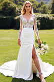 Ivory Lace V Neck Long Sleeve Mermaid Wedding Dress with Slit