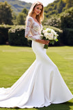 Ivory Lace V Neck Long Sleeve Mermaid Wedding Dress with Slit