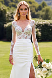 Ivory Lace V Neck Long Sleeve Mermaid Wedding Dress with Slit