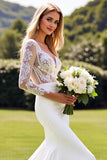 Ivory Lace V Neck Long Sleeve Mermaid Wedding Dress with Slit
