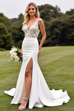 Delicate Lace Ivory Mermaid V Neck Wedding Dress with Slit