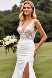 Delicate Lace Ivory Mermaid V Neck Wedding Dress with Slit