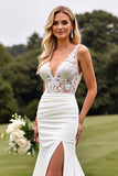 Delicate Lace Ivory Mermaid V Neck Wedding Dress with Slit