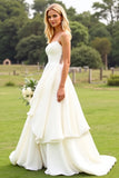 Chiffon A Line Ruffle Ivory Wedding Dress with Lace