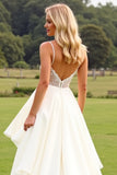 Chiffon A Line Ruffle Ivory Wedding Dress with Lace