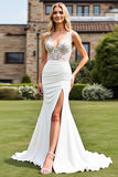 Ivory Mermaid Ruched V Neck Lace Wedding Dress with Slit