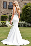 Ivory Mermaid Ruched V Neck Lace Wedding Dress with Slit