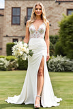 Ivory Mermaid Ruched V Neck Lace Wedding Dress with Slit