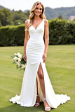 Simple Ivory Satin Ruched V Neck Mermaid Wedding Dress with Slit