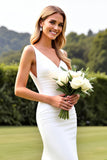 Simple Ivory Satin Ruched V Neck Mermaid Wedding Dress with Slit