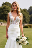 Mermaid Lace V Neck Ivory Long Wedding Dress