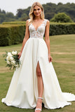 Ivory A Line Lace V Neck Wedding Dress with Slit