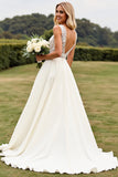 Ivory A Line Lace V Neck Wedding Dress with Slit
