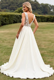 Ivory A Line Lace V Neck Wedding Dress with Slit