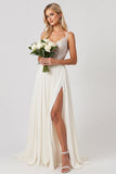 Ivory A Line Chiffon Lace Long Wedding Dress With Slit