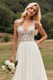 Ivory A Line Chiffon Lace Long Wedding Dress With Slit
