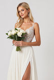 Ivory A Line Chiffon Lace Long Wedding Dress With Slit