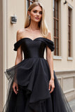 Black Tulle Off the Shoulder A Line Wedding Dress