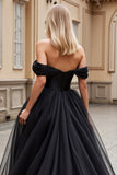 Black Tulle Off the Shoulder A Line Wedding Dress