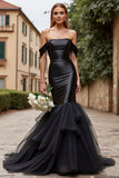 Black Mermaid Tulle Off The Shoulder Satin Wedding Dress