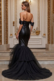 Black Mermaid Tulle Off The Shoulder Satin Wedding Dress