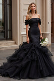 Ruffle Mermaid Tulle Off The Shoulder Black Wedding Dress