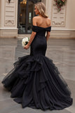 Ruffle Mermaid Tulle Off The Shoulder Black Wedding Dress
