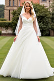 Classic Ivory Ruched A Line Lace Long Sleeve Wedding Dress