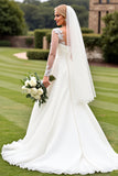 Classic Ivory Ruched A Line Lace Long Sleeve Wedding Dress