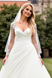 Classic Ivory Ruched A Line Lace Long Sleeve Wedding Dress