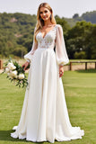 Ivory Long Sleeves Lace Wedding Dress with Appliques