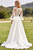 Ivory Long Sleeves Lace Wedding Dress with Appliques