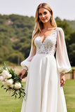 Ivory Long Sleeves Lace Wedding Dress with Appliques