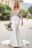 Ivory Lace V Neck Mermaid Wedding Dress with Long Sleeves