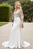 Ivory Lace V Neck Mermaid Wedding Dress with Long Sleeves