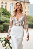 Ivory Lace V Neck Mermaid Wedding Dress with Long Sleeves