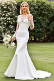 Lace Satin Ivory Mermaid Wedding Dress with Illusion Long Sleeves