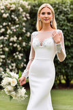 Lace Satin Ivory Mermaid Wedding Dress with Illusion Long Sleeves