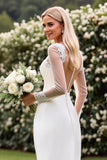 Lace Satin Ivory Mermaid Wedding Dress with Illusion Long Sleeves